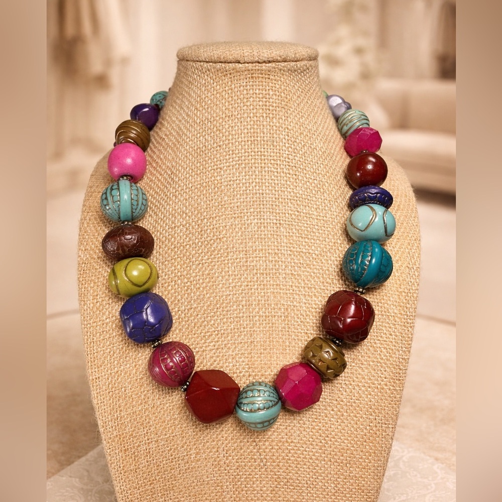 Vintage Chunky Multicolor Beaded Statement Necklace Boho Artisan Style 16"